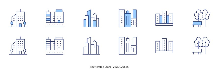 City icon set in two styles, Duotone and Thin Line style. Editable stroke. office building, city, cityscape, park.