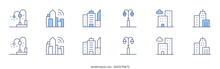 City icon set in two styles, Duotone and Thin Line style. Editable stroke. architecture and city, lamppost, smart city, buildings, city.