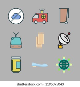 city icon set. vector set about cable car cabin, boat icon, garbage and ballet flats icons set.