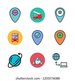 city icon set. vector set about bus, placeholder, delivery and police car icons set.