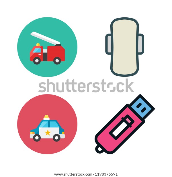 city icon set. vector set about\
fire truck, compress, technological and police car icons\
set.