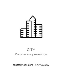 City icon. Thin linear city outline icon isolated on white background from Coronavirus Prevention collection. Modern line vector sign, symbol, stroke for web and mobile