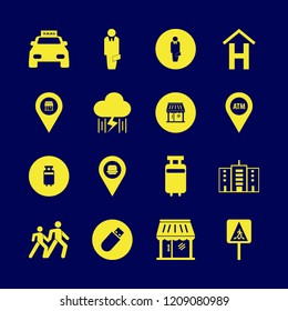 city icon. city vector icons set fastfood location, office building, pedestrian people and flash driver