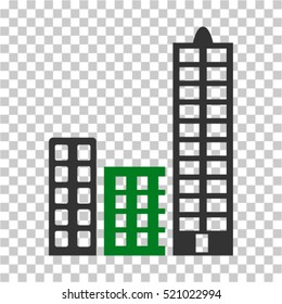 City icon. Vector pictograph style is a flat bicolor symbol, green and gray colors, chess transparent background. Designed for software and web interface toolbars and menus.