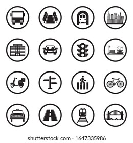 City Icons. Black Flat Design In Circle. Vector Illustration.