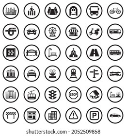 City Icons. Black Flat Design In Circle. Vector Illustration.