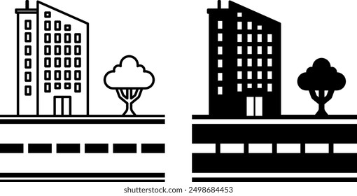 City Icons. Black and White Vector Icons. Multi-Storey Building, Tree, and Road. Street, Residential Area. Road Concept