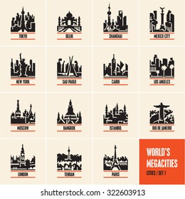 city icons, cityscape, city skyline, city silhouette, cities vector icons set, megacities,