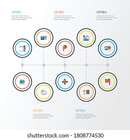 Línea de colores de iconos de la ciudad con cruces, restaurante, clima y otros elementos de la costa. Iconos aislados de ciudades de ilustraciones vectoriales.