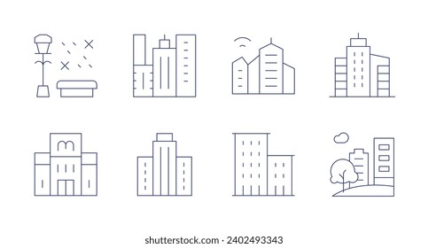 City icons. Editable stroke. Containing bench, architecture and city, city, smart city, skyscraper, apartments, buildings.
