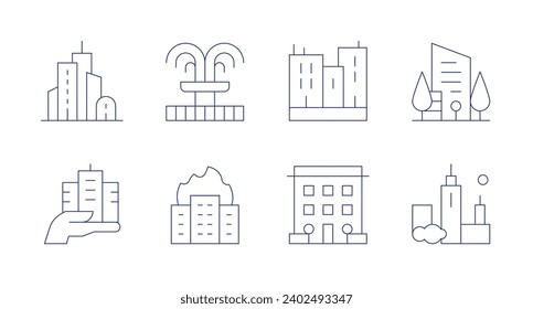 Iconos de la ciudad. Trazo editable. Consta de edificios, fuente, ciudad, arquitectura y ciudad, edificios.
