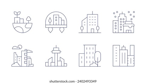 Stadtsymbole. Bearbeitbarer Strich. Einschließlich Stadt, Bürogebäude, Gebäude, nachhaltig.