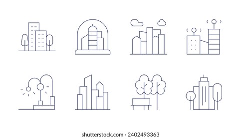 City icons. Editable stroke. Containing building, architecture, city, smart city, cityscape, green city, park.