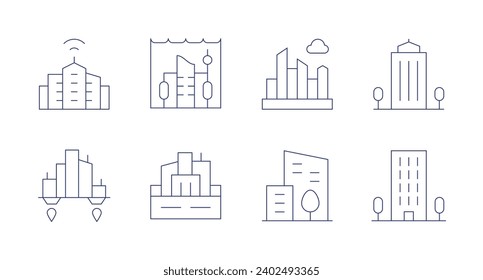 City icons. Editable stroke. Containing smart city, underwater city, city, skyscraper, flat, cityscape.