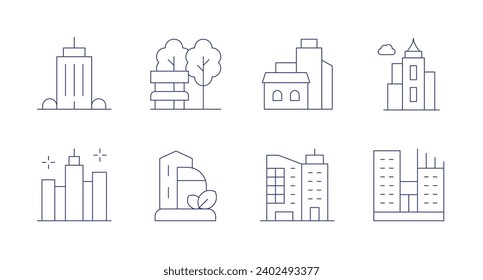 City icons. Editable stroke. Containing office building, park, city, green city, building.