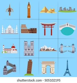 City Icons In Flat Style Taj Mahal & India Gate, Big Ben Clock, Payrameds, Standing Stones, Coliseum, Itsukushima Shrine, Rialto Bridge Italy, Sydney Opera House, Tower Bridge, China Wall, Pissa Tower