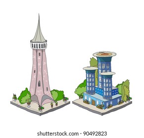 city icons (flats, house, factory, church, school, restaurant, park, see more files)