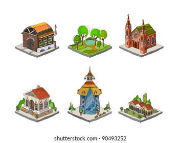 city icons (flats, house, factory, church, school, restaurant, park, see more files)