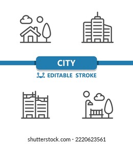 City Icons. House, Home, Apartment Building, Office Building, Construction, Park Icon. Professional, 32x32 pixel perfect vector icon. Editable Stroke