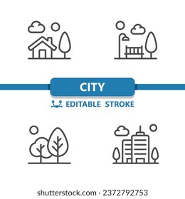 Iconos de la ciudad. Casa, Casa, Pueblo, Parque, Árboles, Icono Edificio de Apartamentos. Profesional, icono vector perfecto de 32x32 píxeles. Stroke Editable