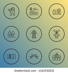 City icons line style set with power tower, pizzeria, transport ticket and other skyline elements. Isolated vector illustration city icons.