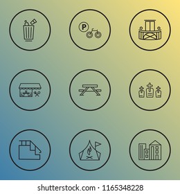 City icons line style set with restaurant, bicycle parking, camping zone and other bench elements. Isolated vector illustration city icons.