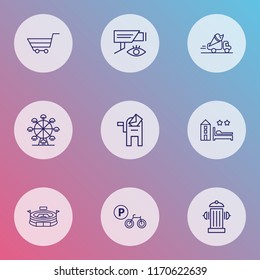 City icons line style set with hotel, ferris wheel, video control and other fireplug elements. Isolated vector illustration city icons.