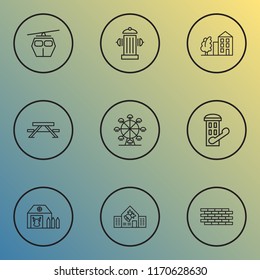 City icons line style set with school, brick wall, farm house and other brickwork elements. Isolated vector illustration city icons.