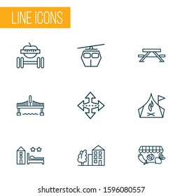 City icons line style set with cable car, bridge, tree with building and other ski cabin elements. Isolated vector illustration city icons.