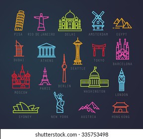 City icons in neon flat style with names Pisa, Rio, Delhi, Amsterdam, Dubai, Athens, Seattle, Tokyo, Barcelona, Berlin, Washington, Paris, London, Sydney, New York, Hong Kong