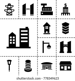 City icons. set of 13 editable filled city icons such as bridge, building, pylon, street lamp, bank, airport