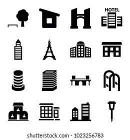 City icons. set of 16 editable filled city icons such as building   isolated  sign symbol, business center building, bridge, tree and bench, street lamp, hotel, eiffel tower