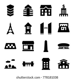 City icons. set of 16 editable filled city icons such as taxi, store, building, airport, bridge, monument, house, shop, city landscape, bank