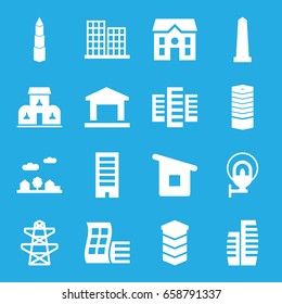 City icons set. set of 16 city filled icons such as modern curved building, business centre, building, business center, monument, house, pylon, house building, city landscape