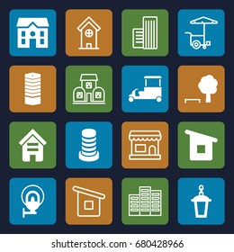 City icons set. set of 16 city filled and outline icons such as building, business centre, house, fast food cart, street lamp, house building, house builidng, tree and bench