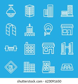 City icons set. set of 16 city outline icons such as taxi, modern curved building, business center, bridge, building, playground ladder, shop, restaurant, street lamp, store