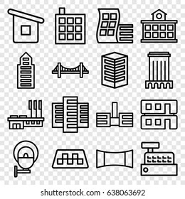 City icons set. set of 16 city outline icons such as taxi, modern curved building, building, bridge, panorama mode, house builidng, builidng
