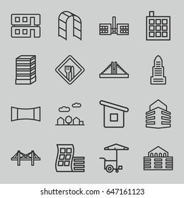City icons set. set of 16 city outline icons such as modern curved building, chichen itza, business center building, business center, building, fast food cart