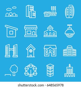 City icons set. set of 16 city outline icons such as building, building   isolated  sign symbol, bridge, house, house builidng, builidng, city landscape, street lamp, bank