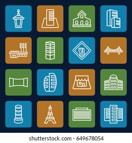 City icons set. set of 16 city outline icons such as building, business centre, building   isolated  sign symbol, business center building, bridge, eiffel tower, street lamp
