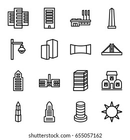 City icons set. set of 16 city outline icons such as chichen itza, building, business center building, business center, monument, panorama mode, builidng, street lamp, hotel