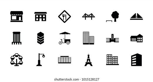 City icons. set of 18 editable filled city icons: store, building, business center, eiffel tower, school, carousel, tree and bench, fast food cart, street lamp, bridge