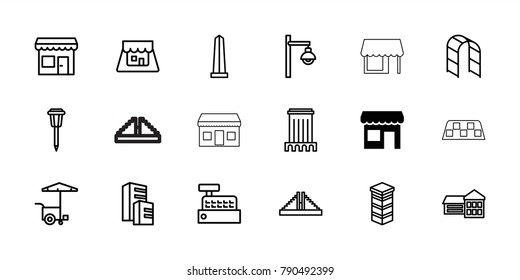 City icons. set of 18 editable outline city icons: store, chichen itza, building, monument, school, fast food cart, street lamp, playground ladder, shop, builidng