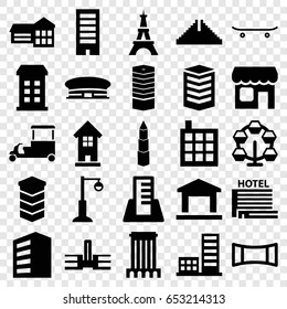City icons set. set of 25 city filled icons such as building, business centre, chichen itza, airport, eiffel tower, fast food cart, street lamp, panorama mode, shop