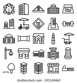 city icons set. Set of 25 city outline icons such as store, building, building   isolated  sign symbol, Chichen Itza, bridge, house, fast food cart, panorama mode, shop