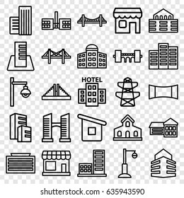 City icons set. set of 25 city outline icons such as store, building, building   isolated  sign symbol, chichen itza, business center building, bridge, pylon, street lamp