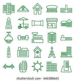 City icons set. set of 25 city outline icons such as building, chichen itza, business center, airport, bridge, eiffel tower, fast food cart, panorama mode, builidng, avenue