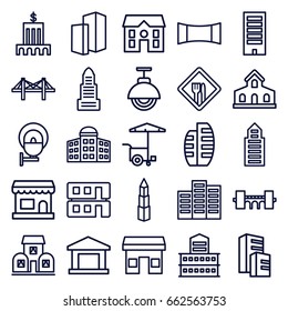 City icons set. set of 25 city outline icons such as building, building   isolated  sign symbol, business center, bridge, house, fast food cart, panorama mode, house builidng