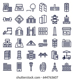 City icons set. set of 36 city outline icons such as modern curved building, business centre, chichen itza, business center building, building, business center, bridge