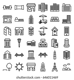 City icons set. set of 36 city outline icons such as taxi, store, building, business center, bridge, eiffel tower, house, fast food cart, street lamp, playground ladder